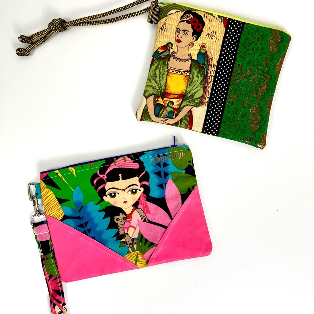 Frida Kahlo Inspired Art Pouch Set Colorful Wristlet and Small Purse Handmade